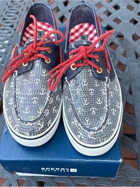 Sperry Top-Sider Slip On Loafers Women’s 7.5 Navy Red White Sequin Shoes